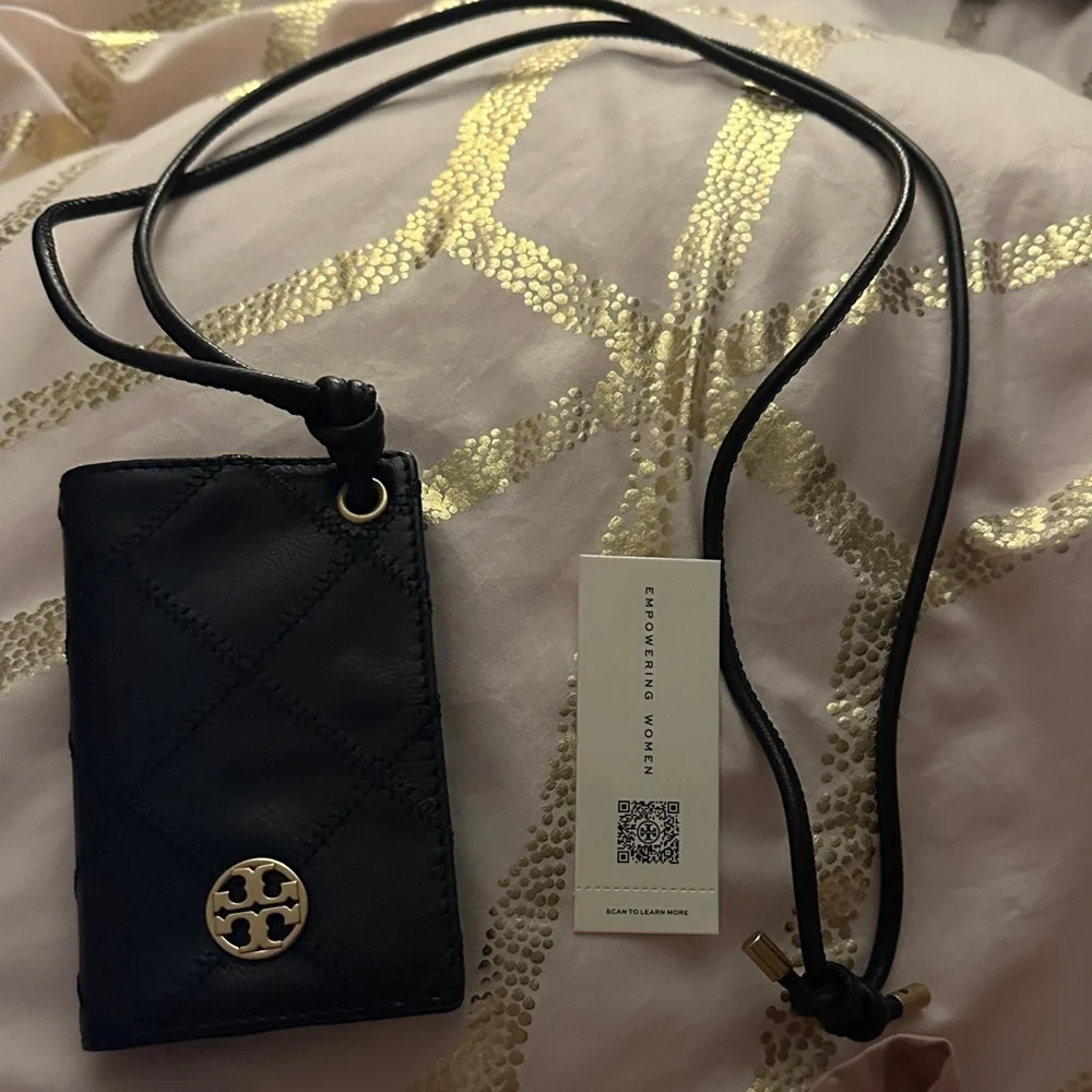 Tory Burch Black Quilted Card Holder Lanyard